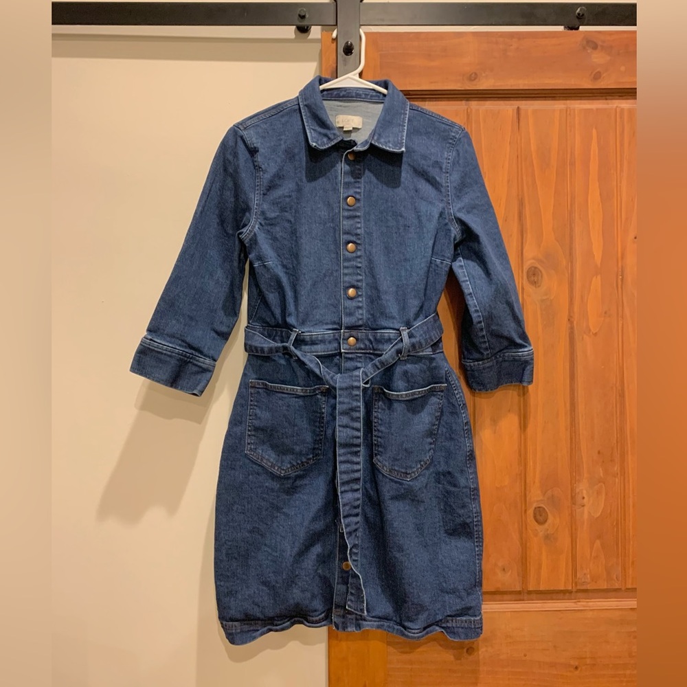 Denim dress with matching belt brass buttons and two front pockets
